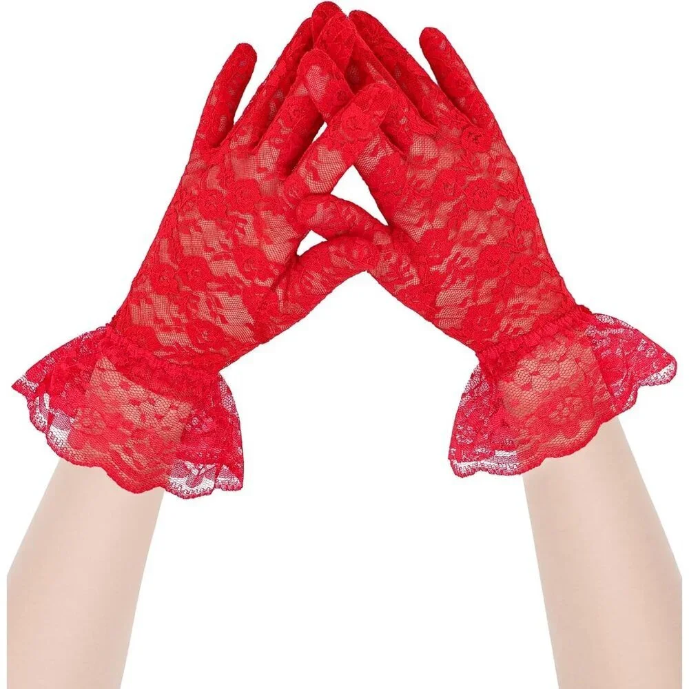 Women's Red Short Nylon Mesh Imported Nylon Sheer Lace Ruffles Gloves